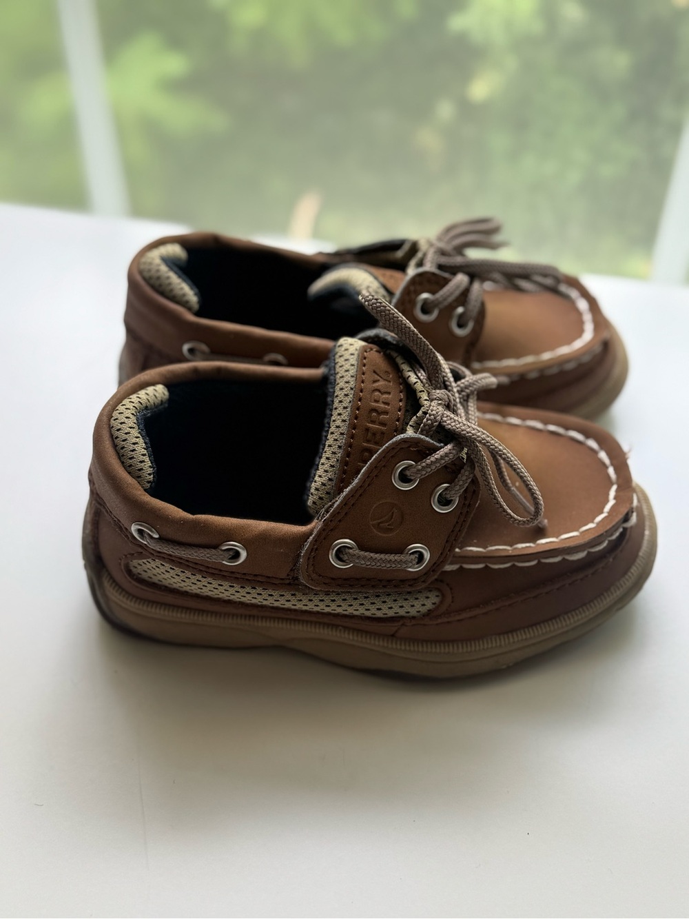 Sperry Brown Kids Boat Shoes with Tan Mesh Accents